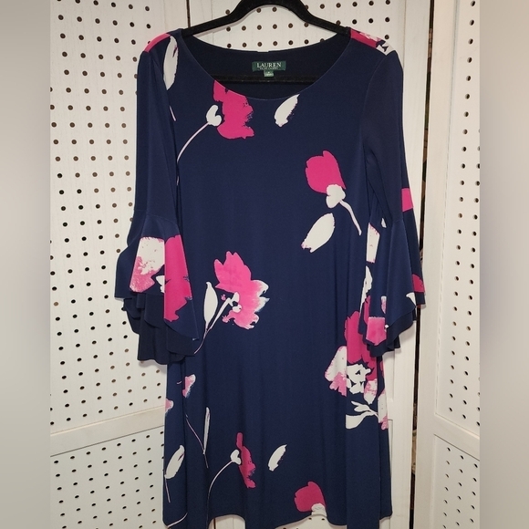 Lauren Ralph Lauren Navy Blue Floral Printed A-Line 3/4 Bell Sleeves 8 - Picture 2 of 12
